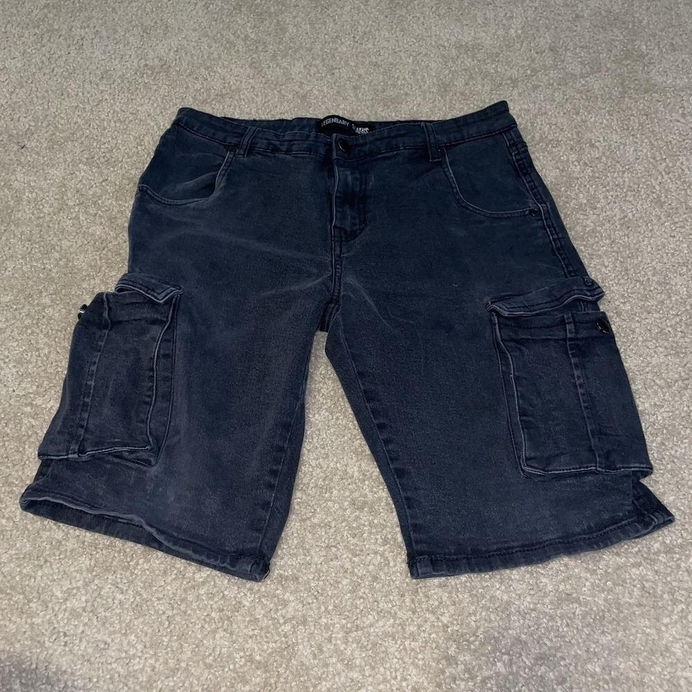 Legendary Status Mens Black Denim Cargo Shorts Size 32 Faded Wash Casual Utility